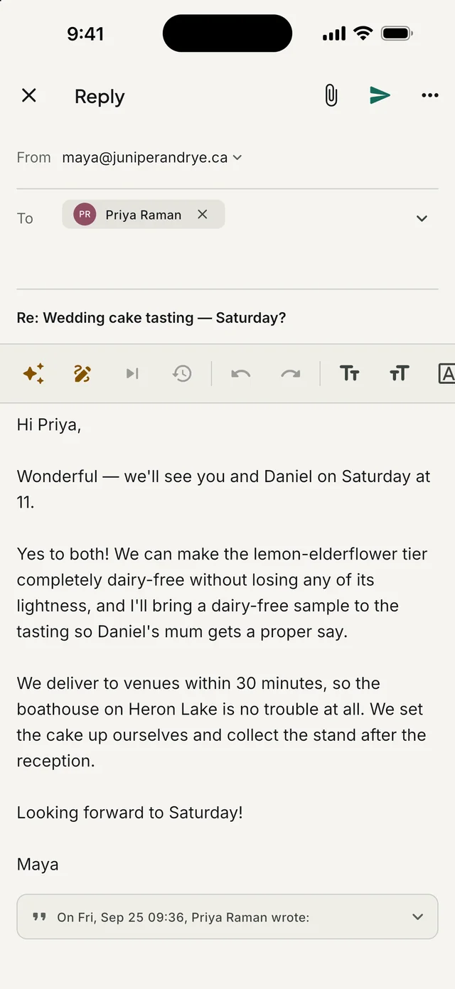 A reply drafted with AI, waiting in the editor for the user to read and send.