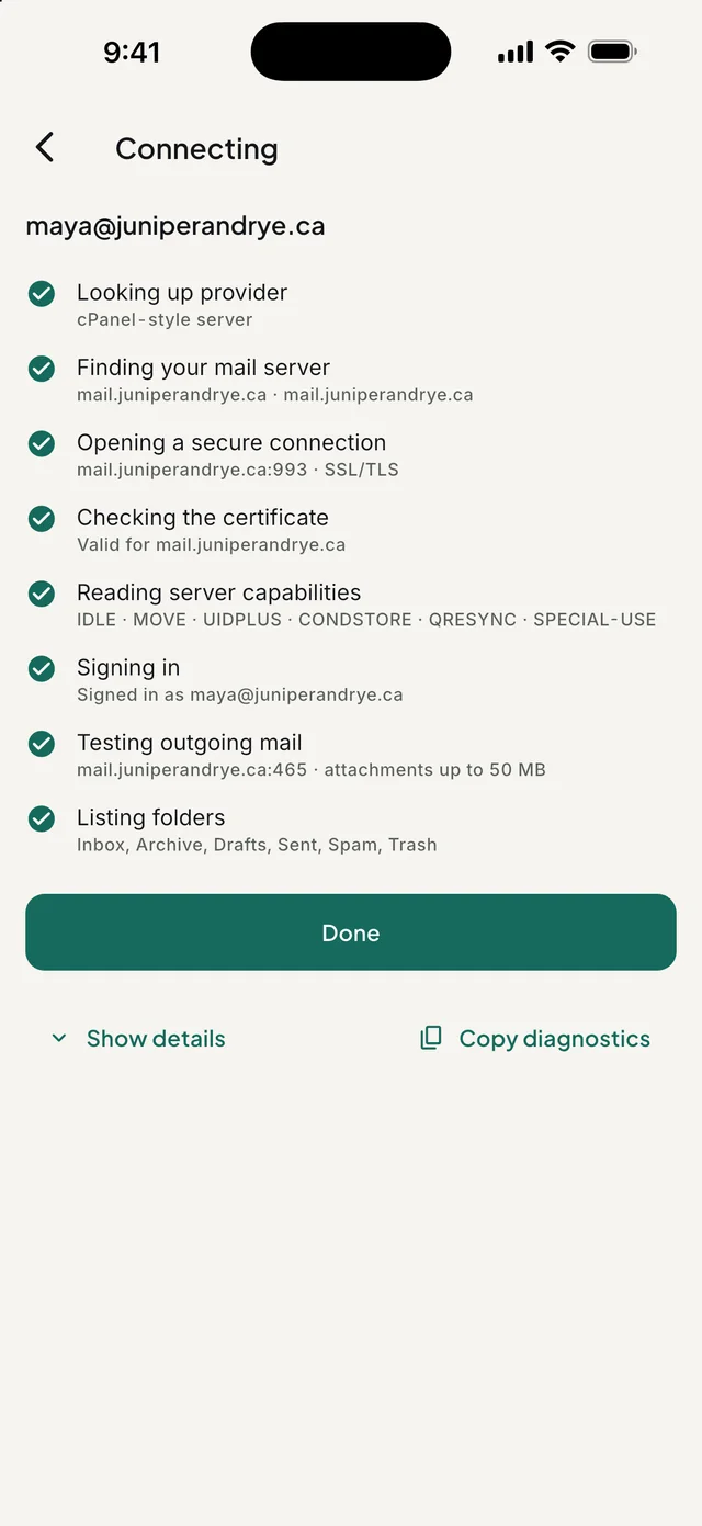 The Connecting screen: eight checks passed, from finding the server to listing folders.