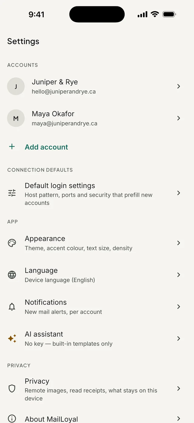 Settings: accounts, default login settings, appearance, language, notifications and the AI assistant.