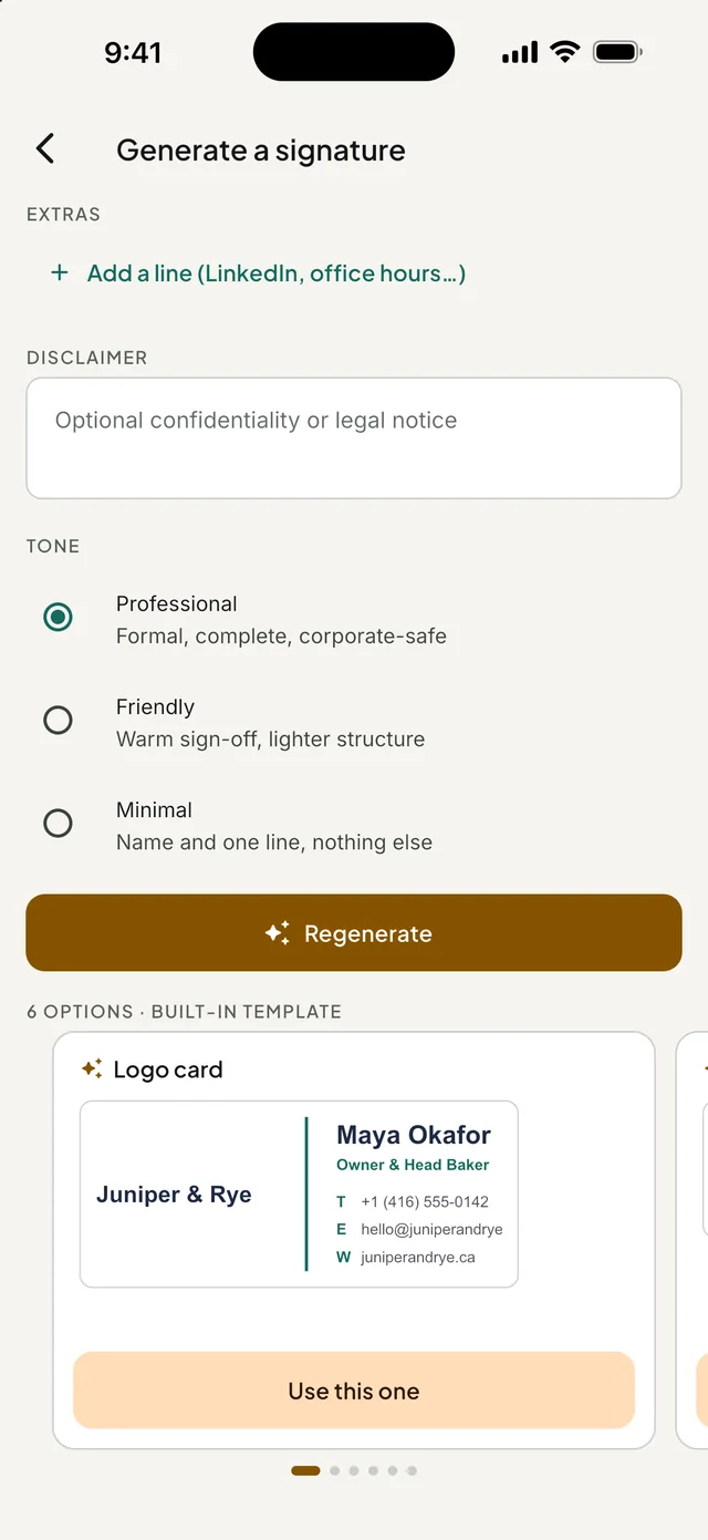 Generating a signature: tone choices and six built-in layouts that need no AI key.