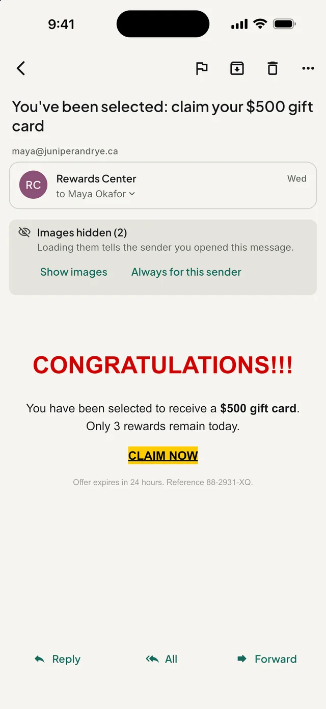A message in Spam with its remote images hidden, and buttons to show them.